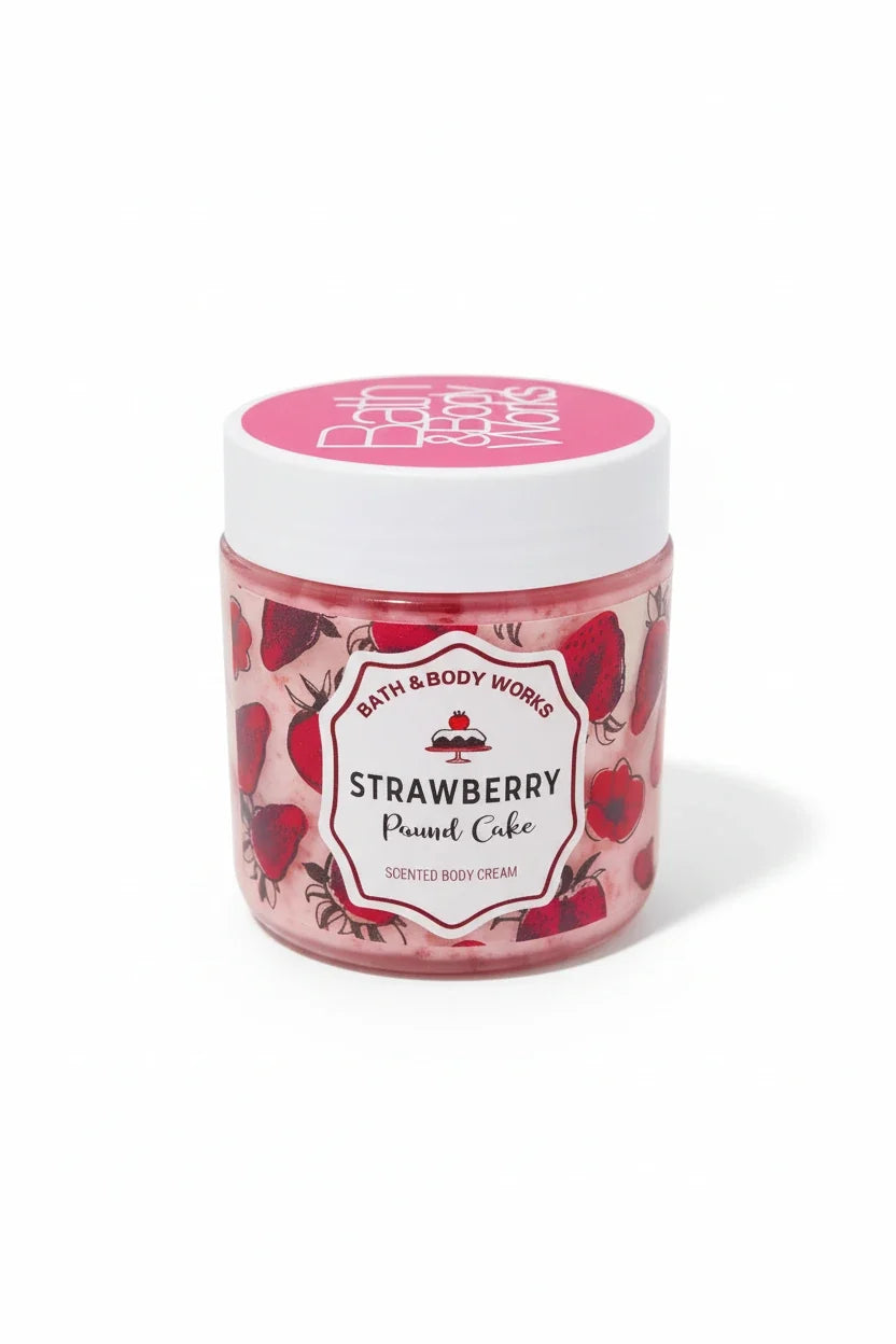 Bath & Body Strawberry Pound Cake Body Cream, a hydrating cream with a sweet strawberry scent.