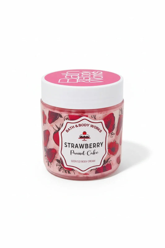 Bath & Body Strawberry Pound Cake Body Cream, a hydrating cream with a sweet strawberry scent.