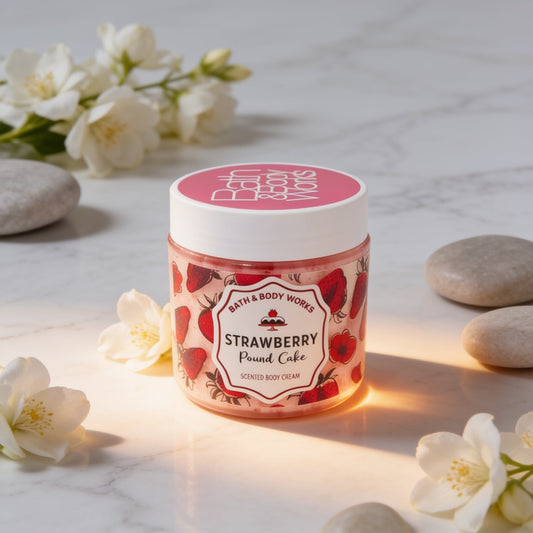 Bath & Body Strawberry Pound Cake Body Cream, a hydrating cream with a sweet strawberry scent.